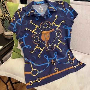 J. McLaughlin Blue and Brown Equestrian Print Shirt